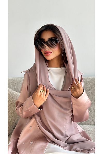 outline Elegant summer abaya with silver bead embroidery