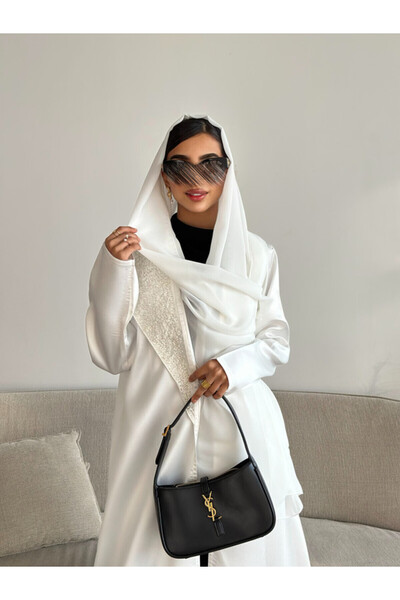outline White Crystal Abaya Made of Luxurious Mikado Fabric
