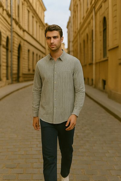 DAMGA JEANS Men's Long Sleeve Striped Summer Loose Smoked Shirt
