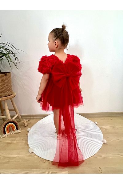 2kids2mom Baby Girl Red Dress Short Sleeve Bow Birthday Party Wedding Special Day Tulle Lined Princess P