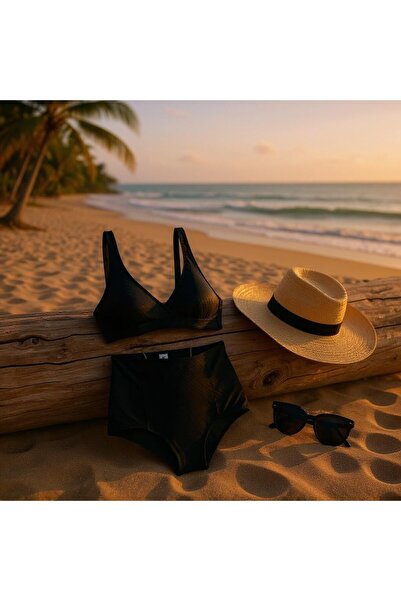 TooHot Women's High Waist Glossy Black Triangle Strap Bikini Set