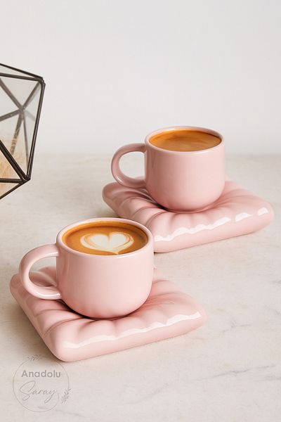 Anadolu Saray Handmade Ceramic Pink Pillow Cushion Model Handmade Turkish Coffee Cup Set 90ml