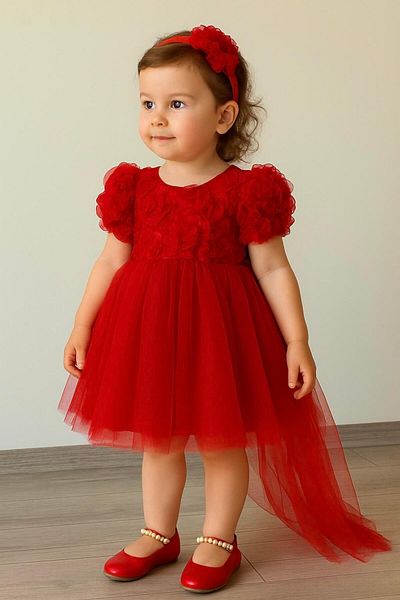 2kids2mom Baby Girl Red Dress Short Sleeve Bow Birthday Party Wedding Special Day Tulle Lined Princess P