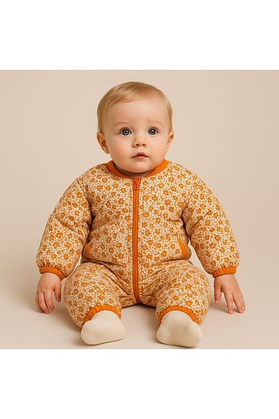 minibambi Brown Baby Girl Romper - Fleece and Floral Print