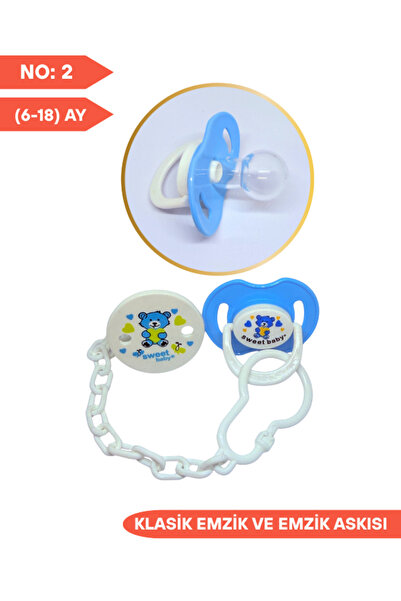 SWEET BABY Klasik Silikon Emzik ve Emzik Askısı No:2, 6-18 Ay Mavi Ayı Desenl...