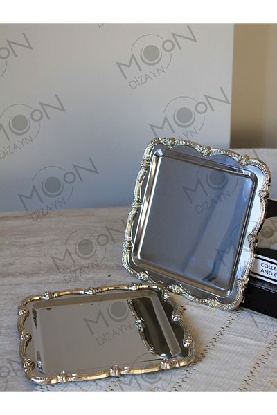 Moon Dizayn 2 Pcs Presentation Tray & Coffee & Tea Tray - Silver Tray Cast Silver Rose Framed