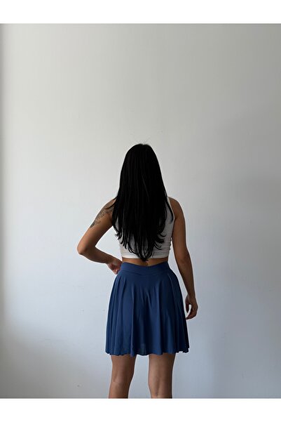 Moda ferfa Kadın Mavi Beli Lastikli Volanlı Kloş Içi Şortlu Etek