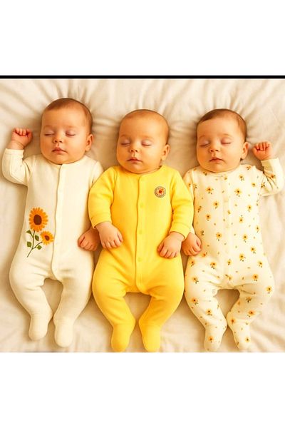 Necix's Luvvera Baby Newborn Cotton Daisy Detailed 3-Piece Jumpsuit Set