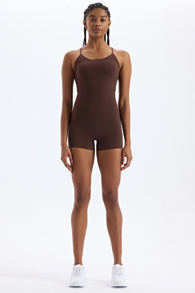 COMEUP İp Askılı Sırtı Çapraz Detaylı Şort Tulum Kakao Kahve