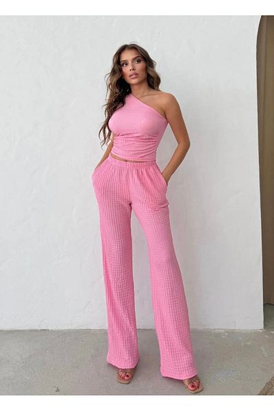 badibadii Seersucker Fabric One Shoulder Pink Suit
