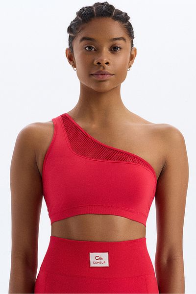 COMEUP Mesh Mesh Detailed One Shoulder Sports Bra Kokina Red
