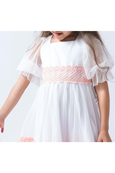 Genel Markalar Papatya Dantelli Tül Abiye Elbıse Pudra