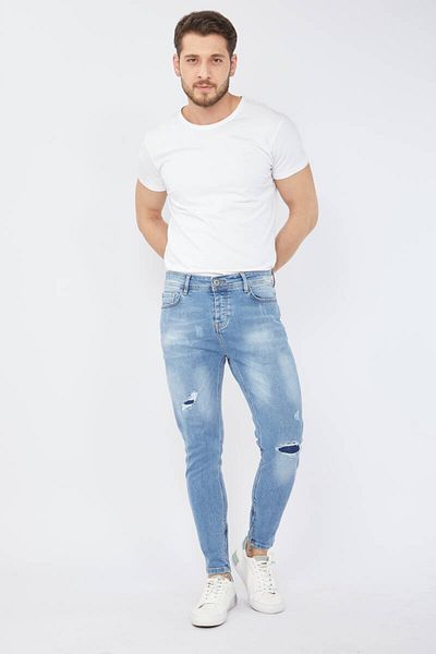 Bluewhite Мъжки тесни дънки с цип и крачоли, светлосини