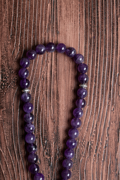 Alp Doğal Taş Orijinal Sertifikalı Ametist (8 mm) Doğal Taş Metal İmamiye Püskül Tespih