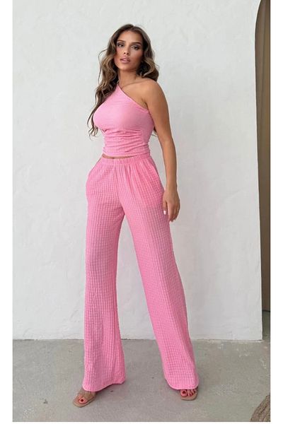 badibadii Seersucker Fabric One Shoulder Pink Suit