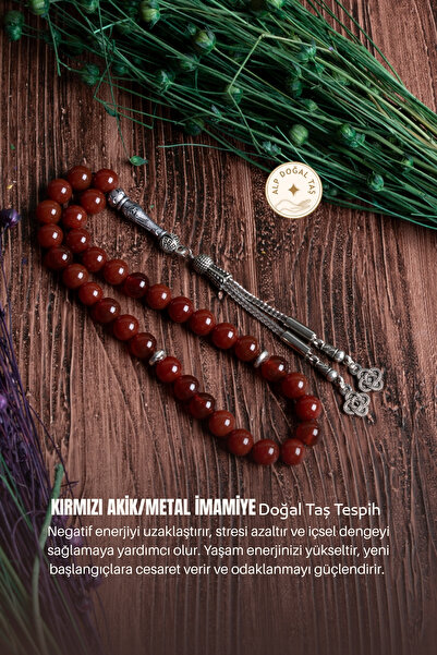 Alp Doğal Taş Orijinal Sertifikalı Kırmızı Akik (8 mm) Doğal Taş Metal İmamiy...