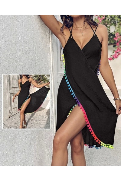 Modayakamoz Women's Strap Deep V-Neck Crossed Snap Pompom Wrap Pareo