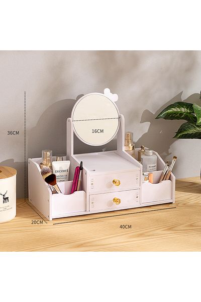 QGC Organizer for cosmetics with large compartments, drawers, and rotating butterfly mirror, 40x20x36cm