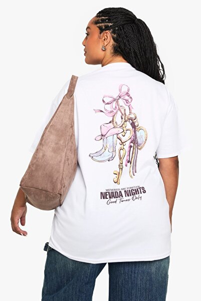 The Champ Clothing Plus Size Women's T-Shirt 100% Cotton Nevada Nights Printed White Oversize Summer