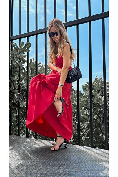 The Champ Clothing Kadın Kırmızı Poplin Kumaş Askılı Yazlık Uzun Elbise Maxi Boy