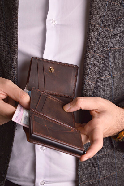 Jewelmim Koyu Kahverengi Crazy Yatay %100 Gerçek Deri Erkek Cüzdanı Hakiki De...