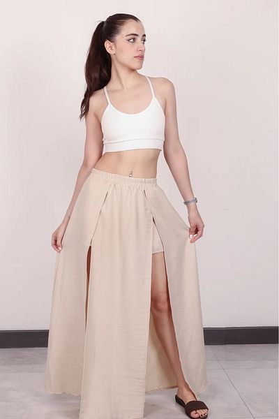 Stil Sepeti Fusta maxi de damă, bej, cu talie înaltă, elastică, cu fante duble DRL-1000763124