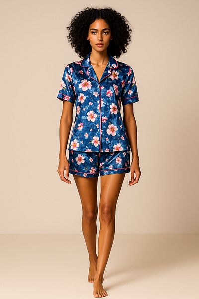 nisaNCa Plus Size Satin Shorts Pajamas- Luxury Boxed Satin Shirt Shorts Pajama Set – Lace Sleeves