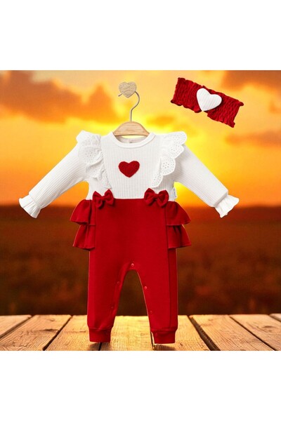 cayzen Luvvera Red Heart Bow Baby Girl Romper Set - Long Sleeve with Bandana