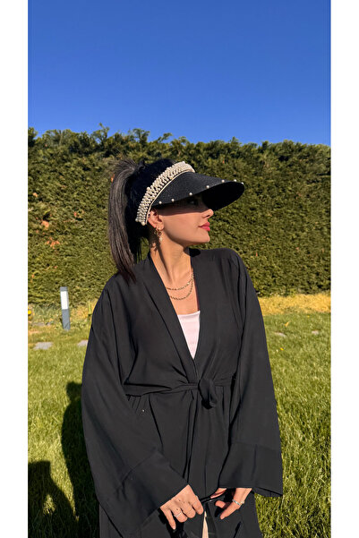 Luminos Butik Siyah İnci Detaylı Şık Hasır Vizör Şapka Oval Tasarım Yaz Aksesuarı HSR2086