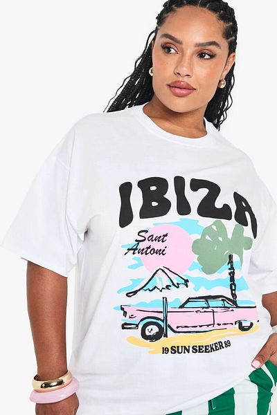 The Champ Clothing Tricou pentru femei de mărime mare, 100% bumbac, cu imprimeu Ibiza, alb, oversize, vară