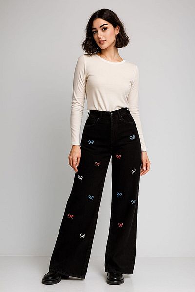 Semesia Charmy Street Y2K Ribbon Detail Denim Blue Trousers