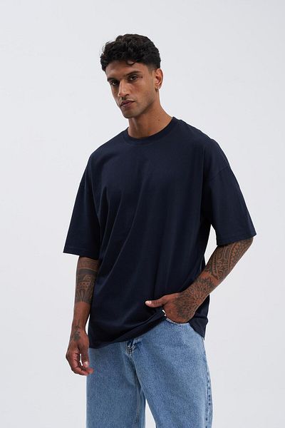 Machinist Men's Basic Super Cotton Oversize Navy Blue T-Shirt