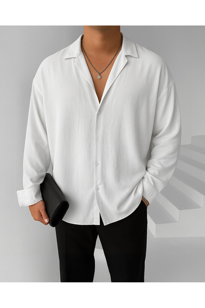 NO1 KONSEPT White Linen Aerobin Textured Loose Fit Long Sleeve Oversize Shirt