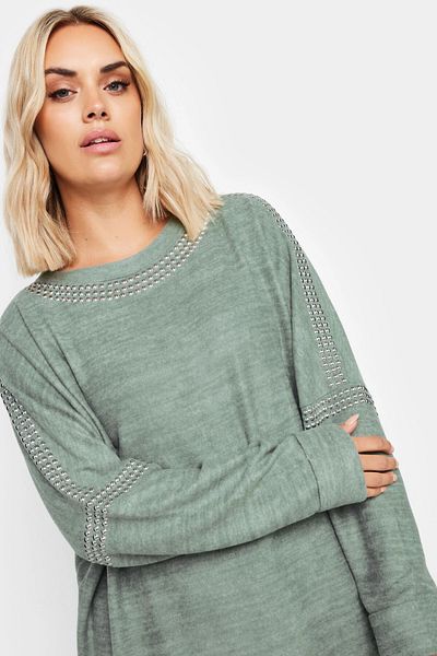 Stil Diva Long Sleeve Crew Neck Large Size Sweater with Staple Detail -303075