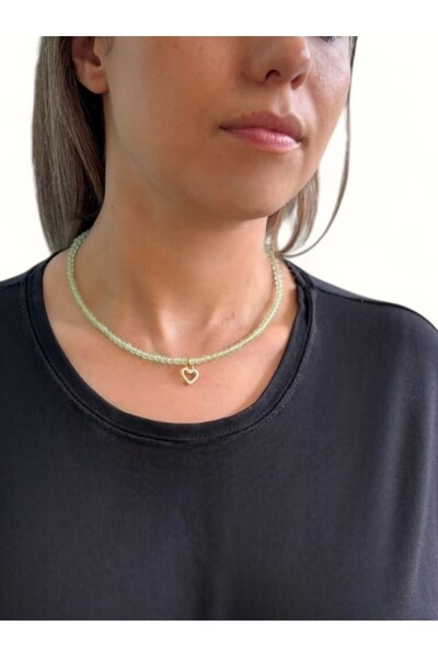 By Saadet Özkanlı Kadın Doğal Taş Kuvars Kolye, Kadın Kolye , Ince Kalp Choker, Tasarım Kolye, YEŞİL,