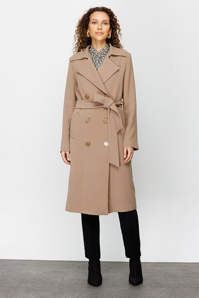 Ekol Women's Buttoned Belted Trench Coat 7007 Camel