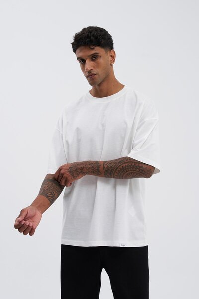 Machinist UNISEX OVERSİZE BÜYÜK BEDEN BASİC PAMUKLU T-SHİRT ECRU