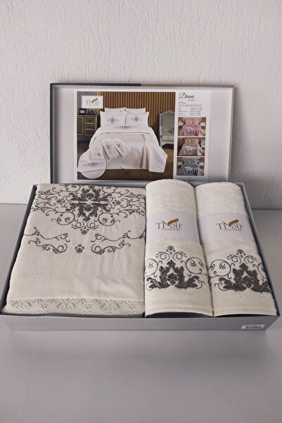 Sevim 8 Piece Tivoli Embossed Embroidered Pique Set with Towels - Diana - Cream