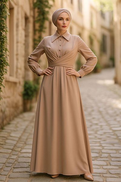 Neva Style Rochie Hijab din Satin Mink - Detaliu Nasturi, Model 45661V