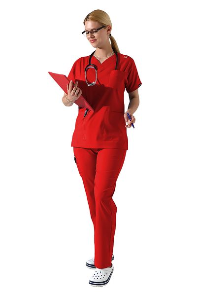 BEDUCA Red Lycra Dr Greys V-Neck Bat Sleeve Doctor Nurse Uniform Set, Plus Size Women Scrubs