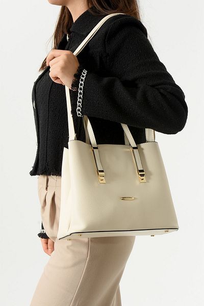 Sanmorris Women's Long Strap 4 Compartments Simple Stylish Cream Colored Shoulder and Hand Bag with Gold Accessories