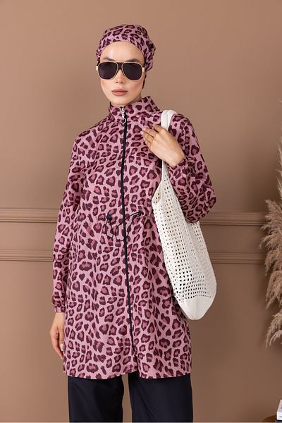 dilber fashion Leopard Pattern Bonnet and Bag Gift Gathered Waist Hijab Swimsuit Set