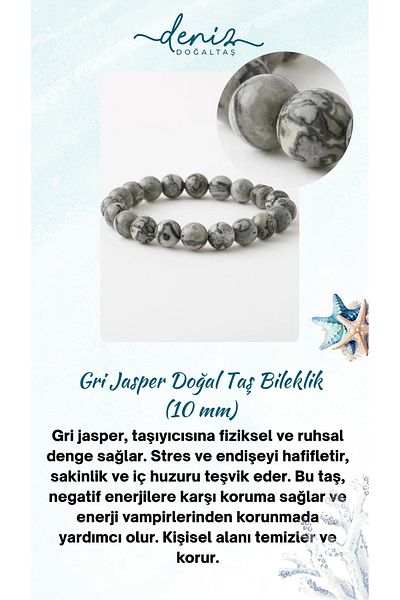 Deniz Doğal Taş Gray Jasper Certified Natural Stone Bracelet - Physical Resistance, B1058 (10Mm-18Cm)