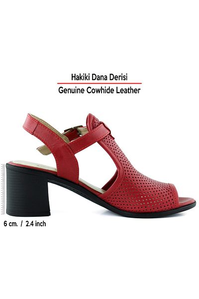 Erkan Saçmacı Elena Red Genuine Calf Leather Comfortable Daily Sandals with Open Front and Back Hole Detail and Thick Heels