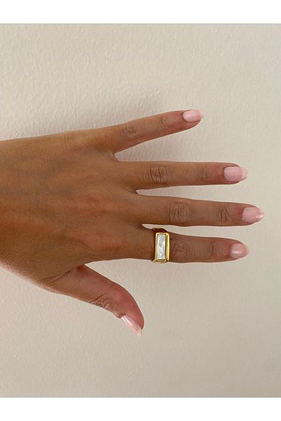 stainless steell Steel Adjustment Rectangular Pearlescent Gold Ring