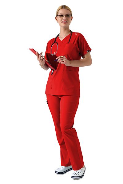 BEDUCA Red Lycra Dr Greys V-Neck Bat Sleeve Doctor Nurse Uniform Set, Plus Size Women Scrubs