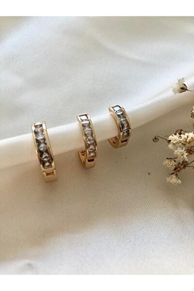 petit bijou Kadın Altın Çelik Küpe Set, Zirkon Taşlı Halka Küpe, Çoklu Set Küpe,3'lü Küpe, Kombin Küpe