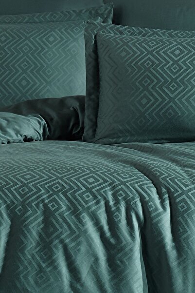 Sevim Σετ Παπλωματοθήκης Διπλό Ζακάρ και Σατέν - Σετ Προίκας με Γεωμετρικό Σχέδιο - Metis Green 200x220cm