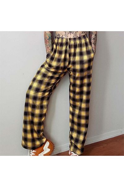 Köstebek Anime Harajuku Streetwear Κίτρινο Μαύρο Καρό Άνετο (UNİSEX) Παντελόνι