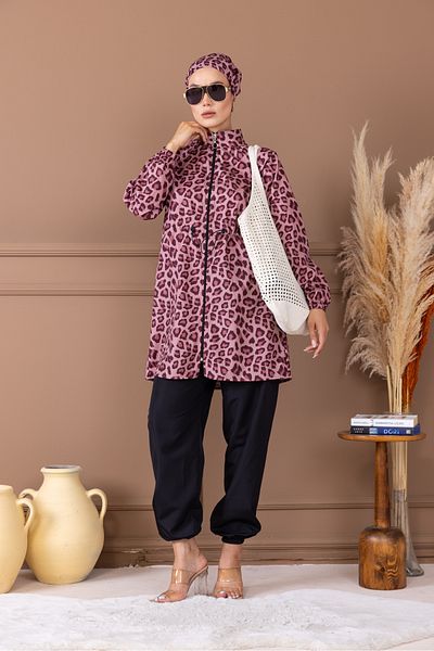 dilber fashion Leopard Pattern Bonnet and Bag Gift Gathered Waist Hijab Swimsuit Set